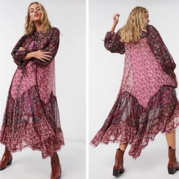 Free People Dresses & Skirts - Free People Estelle in pinks burgundy and fushia mixed prints, button front S P